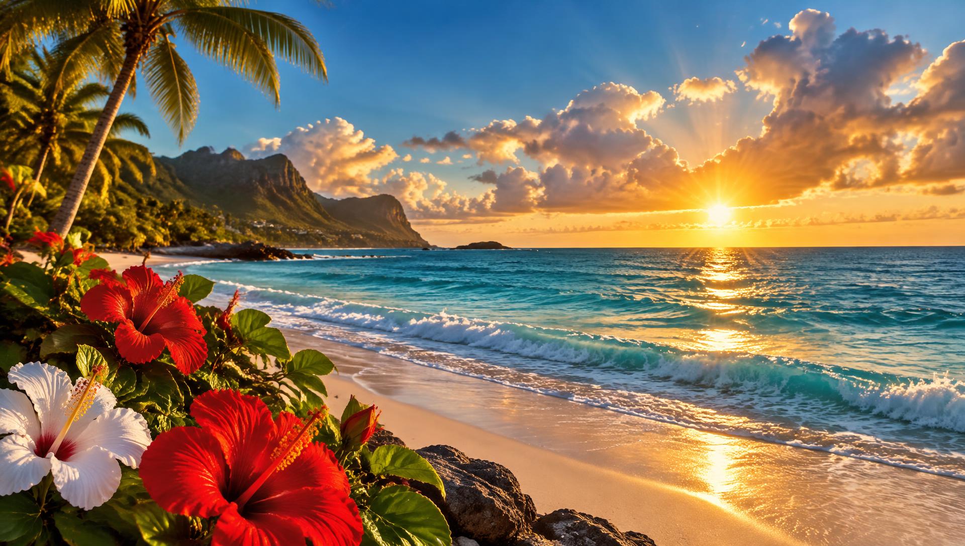 Ocean shoreline at sunrise with tropical flowers